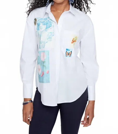 Renuar Vintage Postcard Charm Button Up Blouse In White