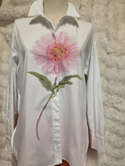 Renuar Women's Flower Print Long Sleeve Button Down Shirt In White