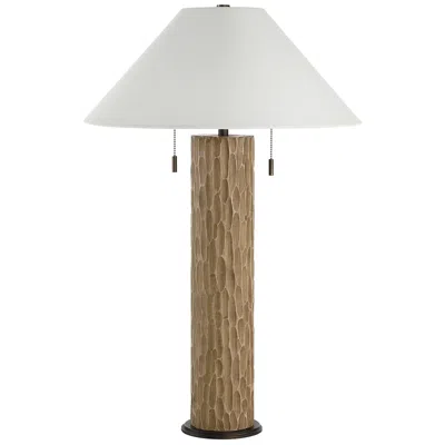 Renwil Pino 30.5" Tall Carved Brown Oak Resin Table Lamp With Tapered Linen Shade