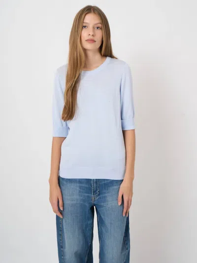 Repeat Cashmere Fine Knit Short Sleeve Pullover Top In Ocean In Blue