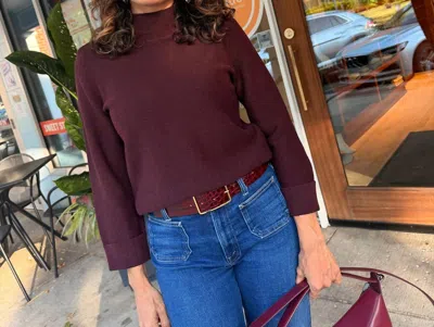 Repeat Cashmere Quarter Sleeve Cotton Mockneck Top In Merlot In Burgundy