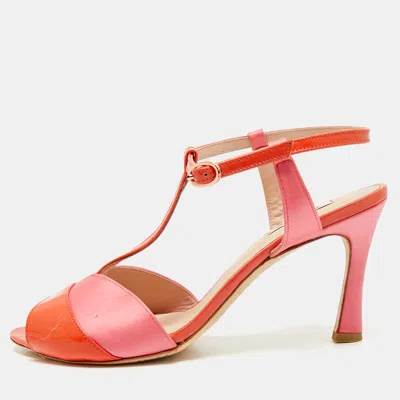 Pre-owned Repetto Aya Size 38.5 Orange/pink Patent Leather And Satin T-strap Sandals