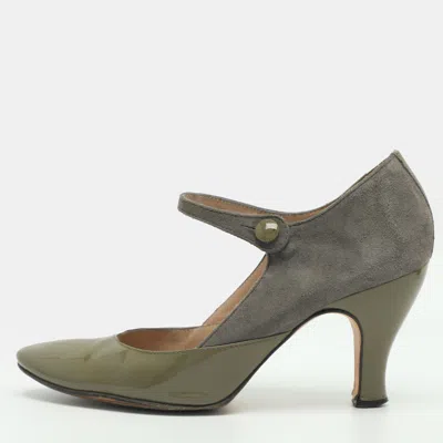 Pre-owned Repetto Size 37 Grey/green Patent Leather And Suede Mary Jane Pumps