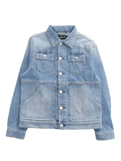 Replay Denim Jacket With Pockets In Light Blue