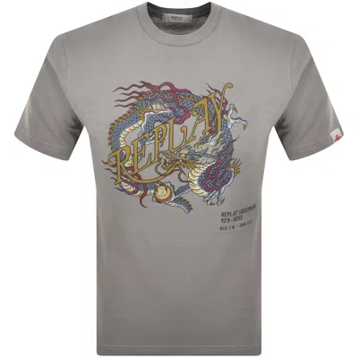 Replay Dragon Graphic T Shirt Silver In Gray