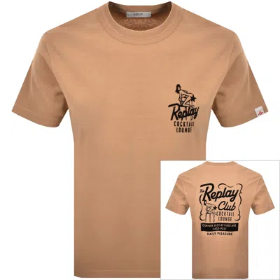 Replay Flock Graphic T Shirt Brown