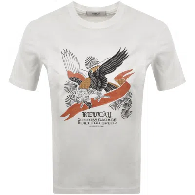 Replay Graphic T Shirt Off White In Purple