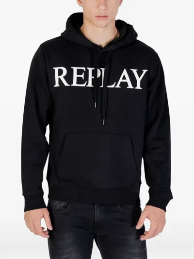 Replay Logo-print Drawstring Hoodie In Black