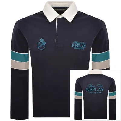 Replay Long Sleeved Polo T Shirt Navy In Blue