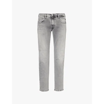 Replay Mens Medium Grey Anbass Hyperflex Whiskering Slim-leg Regular-fit Stretch-denim Jeans