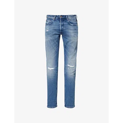 Replay Mens Medium Blue Distressed Slim-leg Regular-fit Stretch-denim Jeans