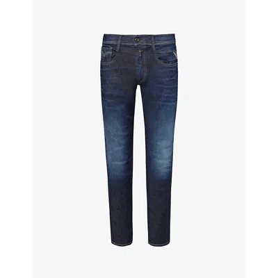 Replay Mens Dark Blue Anbass Faded-wash Tapered-leg Slim-fit Stretch-denim Jeans