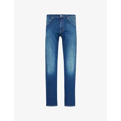 Replay Mens Mickym Brand-patch Tapered-leg Slim-fit Stretch-denim Blend Jeans Medium Blue