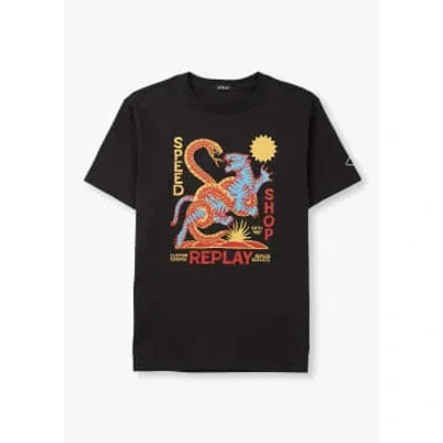 Replay Mens Tiger & Snake Print T-shirt In Black