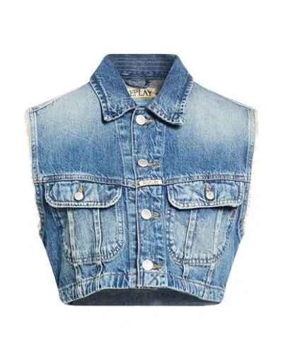 Replay Woman Denim Outerwear Blue Size L Cotton In Orange