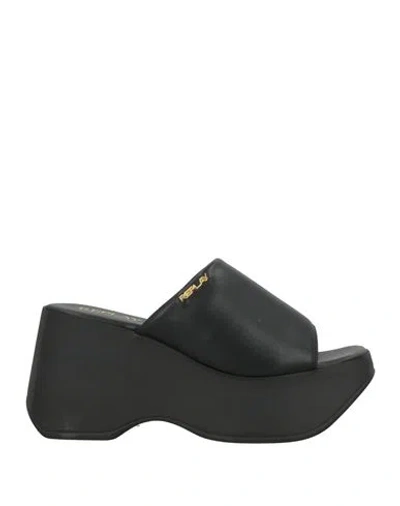 Replay Woman Sandals Black Size 9 Textile Fibers In Blue