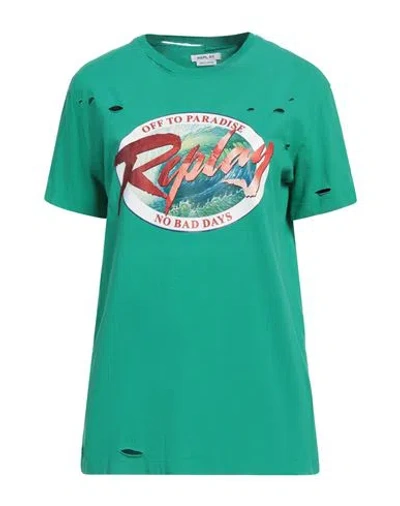 REPLAY REPLAY WOMAN T-SHIRT GREEN SIZE L COTTON