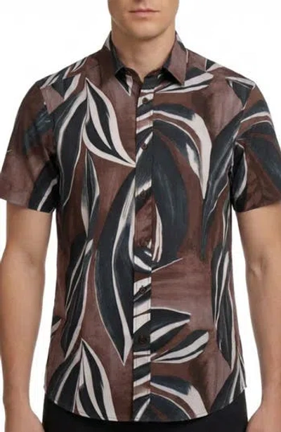 Report Collection Abstract Print 4-way Stretch Short Sleeve Button-up Shirt In Brown