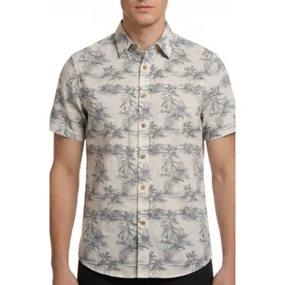 Report Collection Beach Print Short Sleeve Linen & Cotton Blend Button-up Shirt In Gray