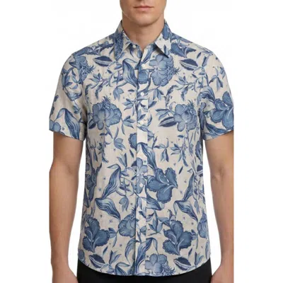 Report Collection Floral Print Short Sleeve Linen & Cotton Blend Button-up Shirt In Blue