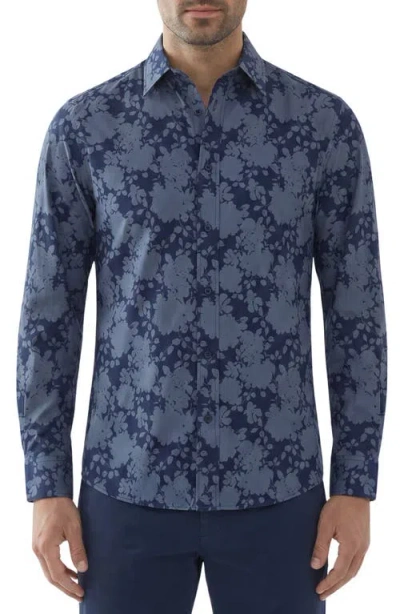 Report Collection Floral Print Stretch Long Sleeve Button Up Shirt In Blue