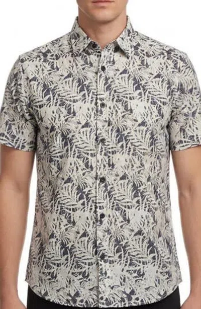 Report Collection Leaf Print Short Sleeve Linen & Cotton Blend Button-up Shirt In Black