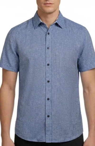 Report Collection Short Sleeve Linen & Cotton Blend Button-up Shirt In Blue