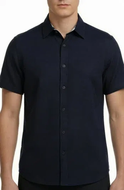 Report Collection Short Sleeve Linen & Cotton Blend Button-up Shirt In Blue