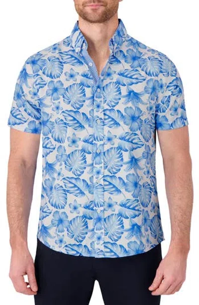 Report Collection Tropical Print Short Sleeve 4-way-stretch Button-down Shirt In Blue