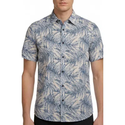 Report Collection Tropical Print Short Sleeve Linen & Cotton Button-up Shirt In Blue