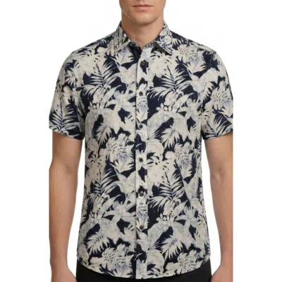 Report Collection Linen Blend Mens Modern Fit Easy Care Short Sleeve Dress Shirt In Blue