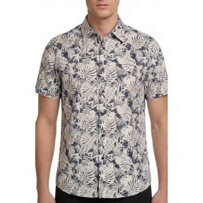 Report Collection Tropical Print Short Sleeve Linen & Cotton Button-up Shirt In Brown