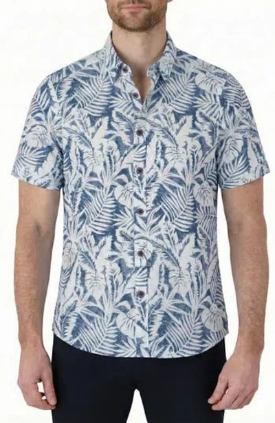 Report Collection Tropical Print Short Sleeve Linen & Cotton Button-up Shirt In Blue