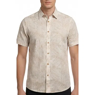 Report Collection Tropical Print Short Sleeve Linen & Cotton Button-up Shirt In Nude