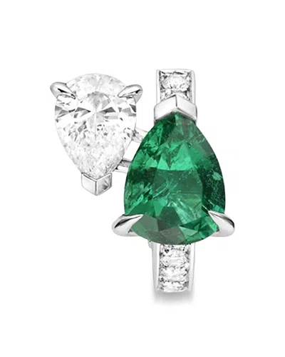 Repossi 18k White Gold Serti Sur Vide Emerald & Diamond Pear Right Earring In Silver