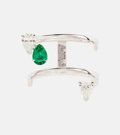 Repossi Serti Sur Vide 18kt White Gold Ring With Diamonds And Emerald In Multicoloured