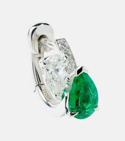 Repossi Serti Sur Vide 18kt White Gold Single Earring With Diamonds And Emerald In Metallic