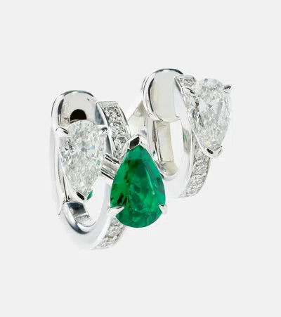 Repossi Serti Sur Vide 18kt White Gold Single Earring With Diamonds And Emerald In Metallic