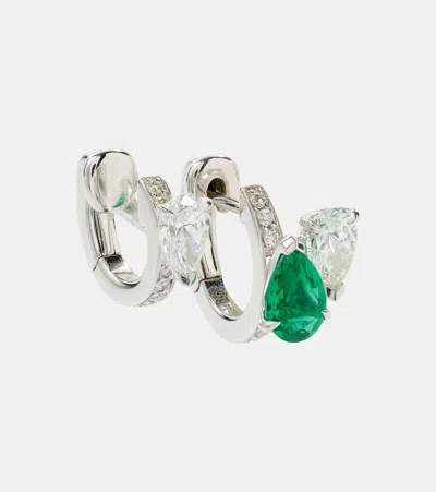 Repossi Serti Sur Vide 18kt White Gold Single Earring With Diamonds And Emerald In Multicoloured