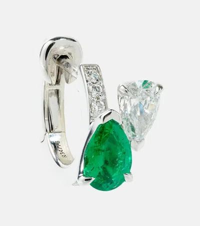 Repossi Serti Sur Vide 18kt White Gold Single Earring With Diamonds And Emerald In Silver