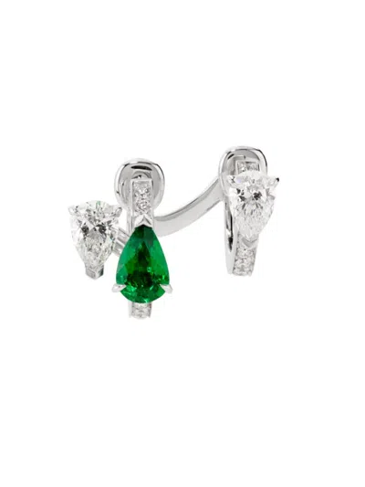 Repossi Women's Serti Sur Vide 18k White Gold, 0.52 Tcw Diamond & Emerald Single Huggie Hoop Earring
