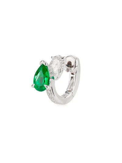 Repossi Women's Serti Sur Vide 18k White Gold, Emerald & 0.28 Tcw Diamond Single Huggie Hoop Earring