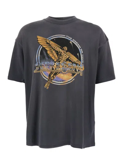 REPRESENT BLACK CREW NECK T-SHIRT WITH GRAPHIC PRINT ON FRONT AND BACK AND FADED EFFECT IN COTTON MAN