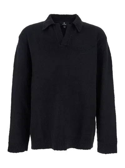 REPRESENT BLACK LONG-SLEEVE POLO SHIRT WITH CLASSIC COLLAR AND RIBBED TRIMS IN COTTON BLEND STRETCH MAN