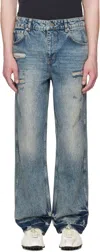 Represent R3 Blue Jeans With Ripped Details On The Front And Logo Embroidery On The Rear In Denim Man In Blue/cream
