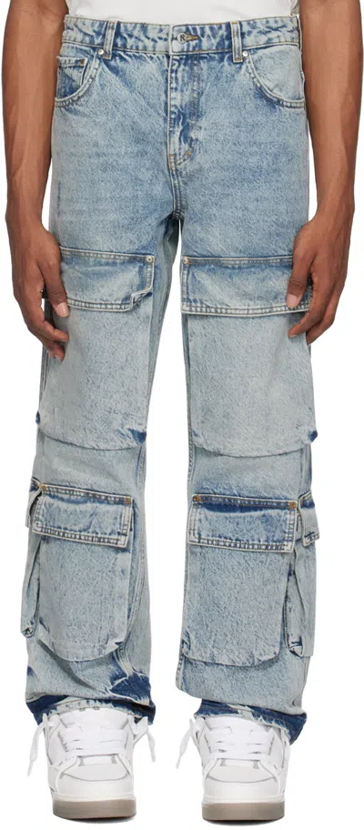 Represent R3ca Cargo Denim Light Blue Sandblasted Denim Cargo Pant - R3ca Cargo Denim In Blue