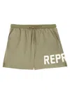 Represent Green Swim Shorts With Elastic Drawstring Waist And Logo Lettering Print In Brown