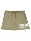 Represent Green Swim Shorts With Elastic Drawstring Waist And Logo Lettering Print In Brown