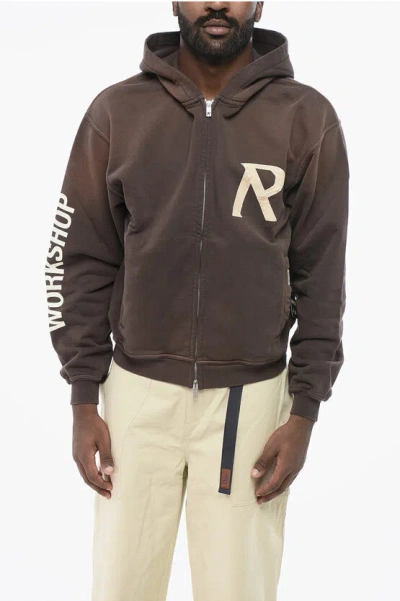 Represent Brushed Cotton Masking Tape Sweatshirt With Zip Closure In Brown