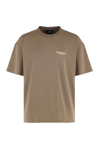 Represent Crew Neck Cotton T-shirt With Front And Back Logo In Brown